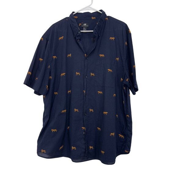H&M Mens Navy Button-Up Shirt W/Orange Leopard Print XXL  Reg Fit Safary Outdoor - Picture 10 of 11